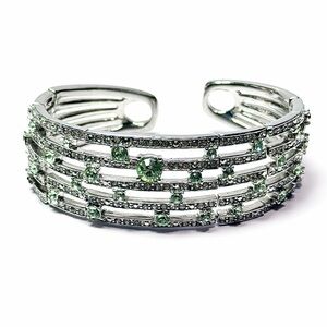 💕2/$30 Signed Monet Green Rhinestone Wide Cuff Bracelet Silver Tone Pave READ